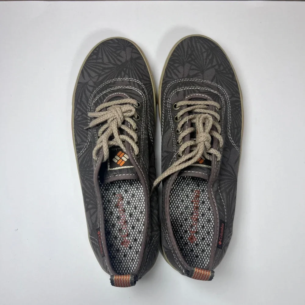Columbia PFG‎ Mens Boat Shoes Size 8 Gray Palm Print Canvas Sneakers Fish Vented